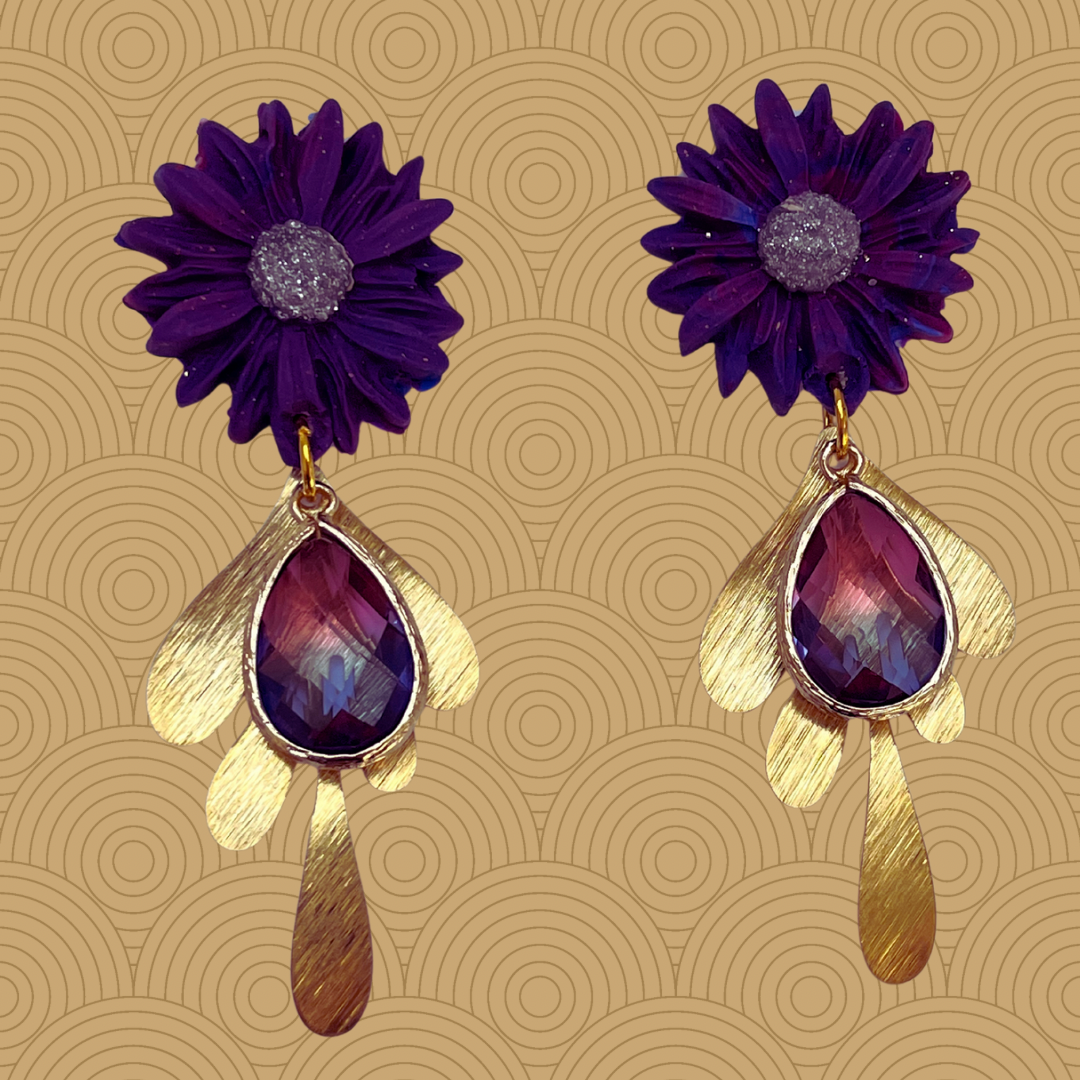 Aros morados colgante hoja acero y cristal
