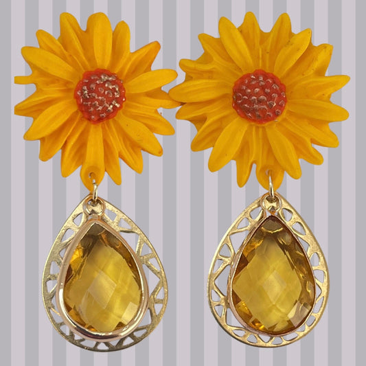 Aros margarita amarilla y colgante cristal