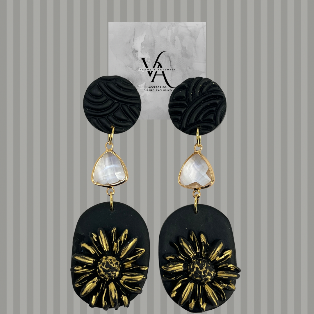 Aros Crisantemo negro Cristal